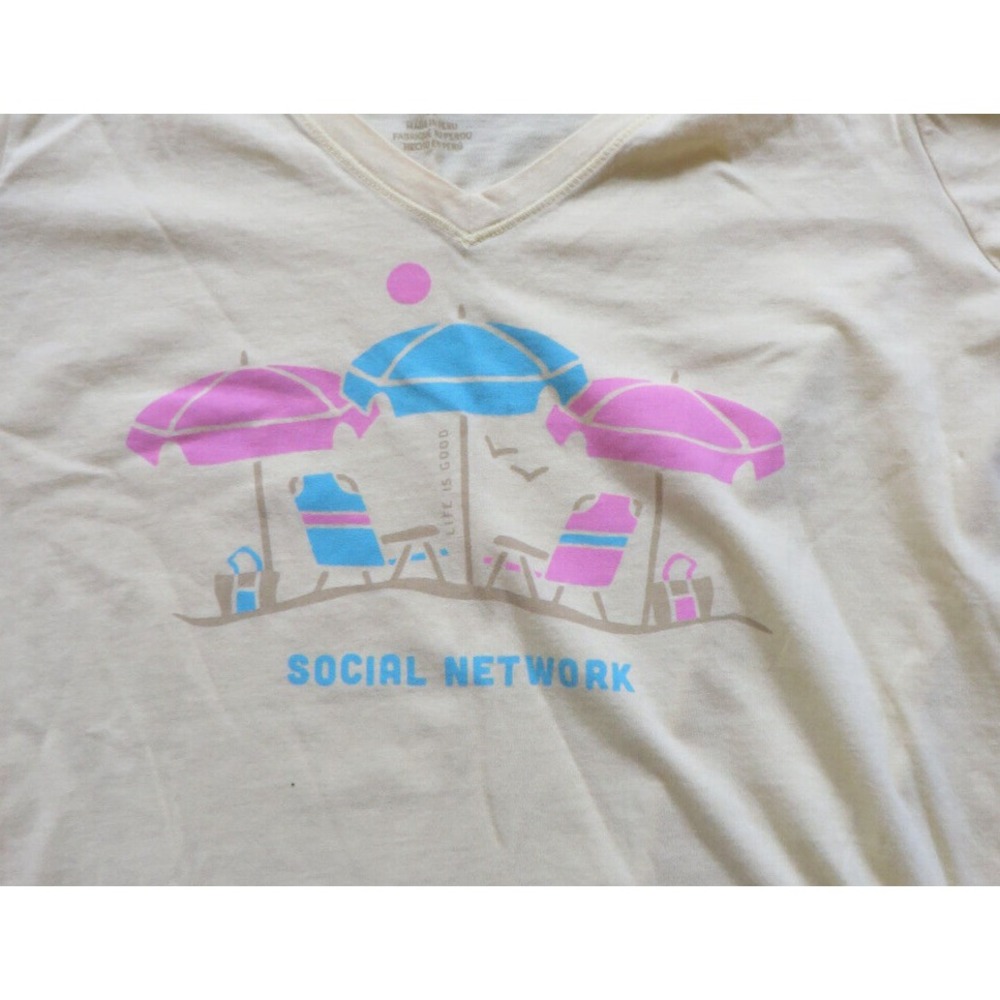 Womens Pale Yellow V-neck Life is Good Social Network Beach Tshirt Size Medium